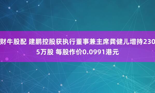 财牛股配 建鹏控股获执行董事兼主席龚健儿增持2305万股 每股作价0.0991港元